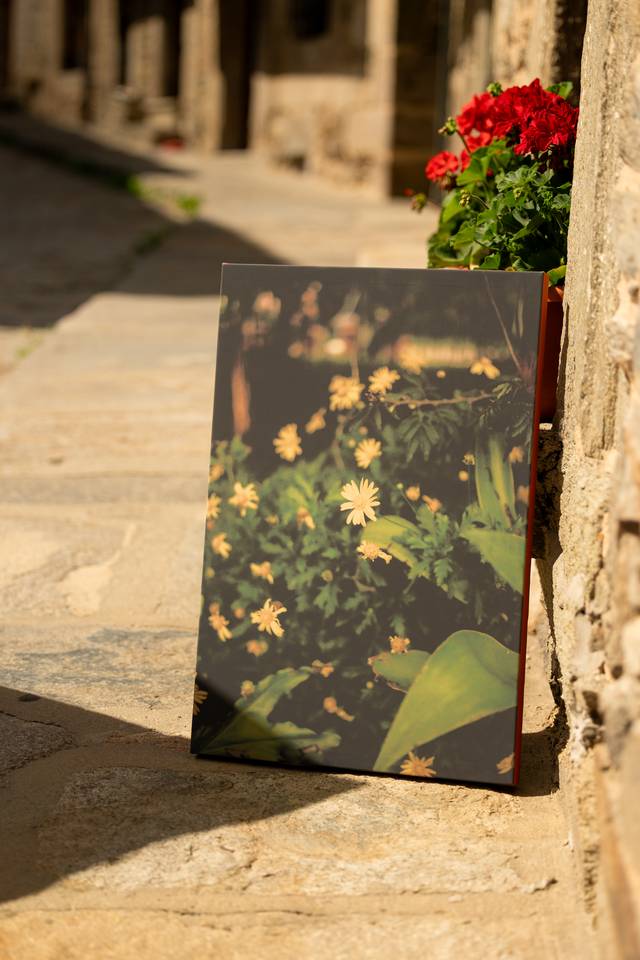 Tela com fotografia de flores encostada a uma parede de pedra